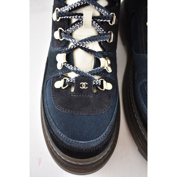 Chanel 23C Blue Black CC Combat Lace Up Tie Ankle Short Hiking Ski Snow Boots 42 - Picture 7 of 16